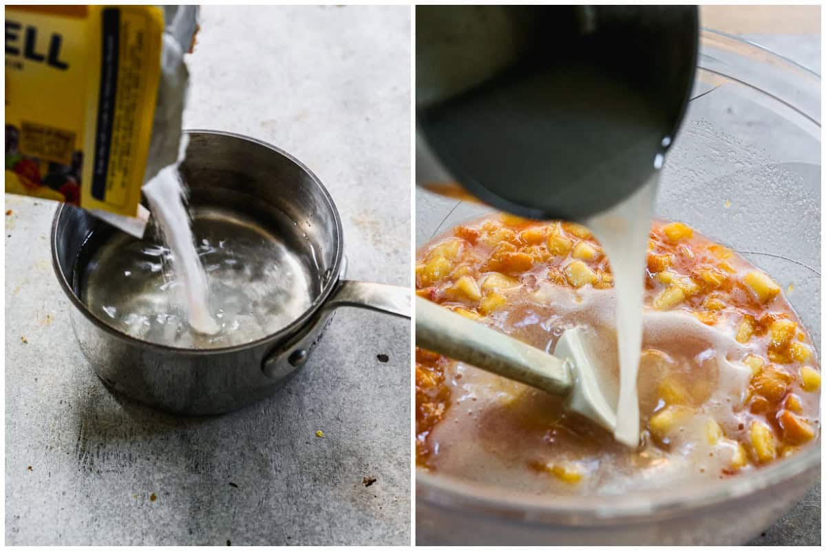 Two images showing how to make peach jam with sure-jell pectin being poured in a small saucepan with water, then the mixture being poured on top of peach jam. 