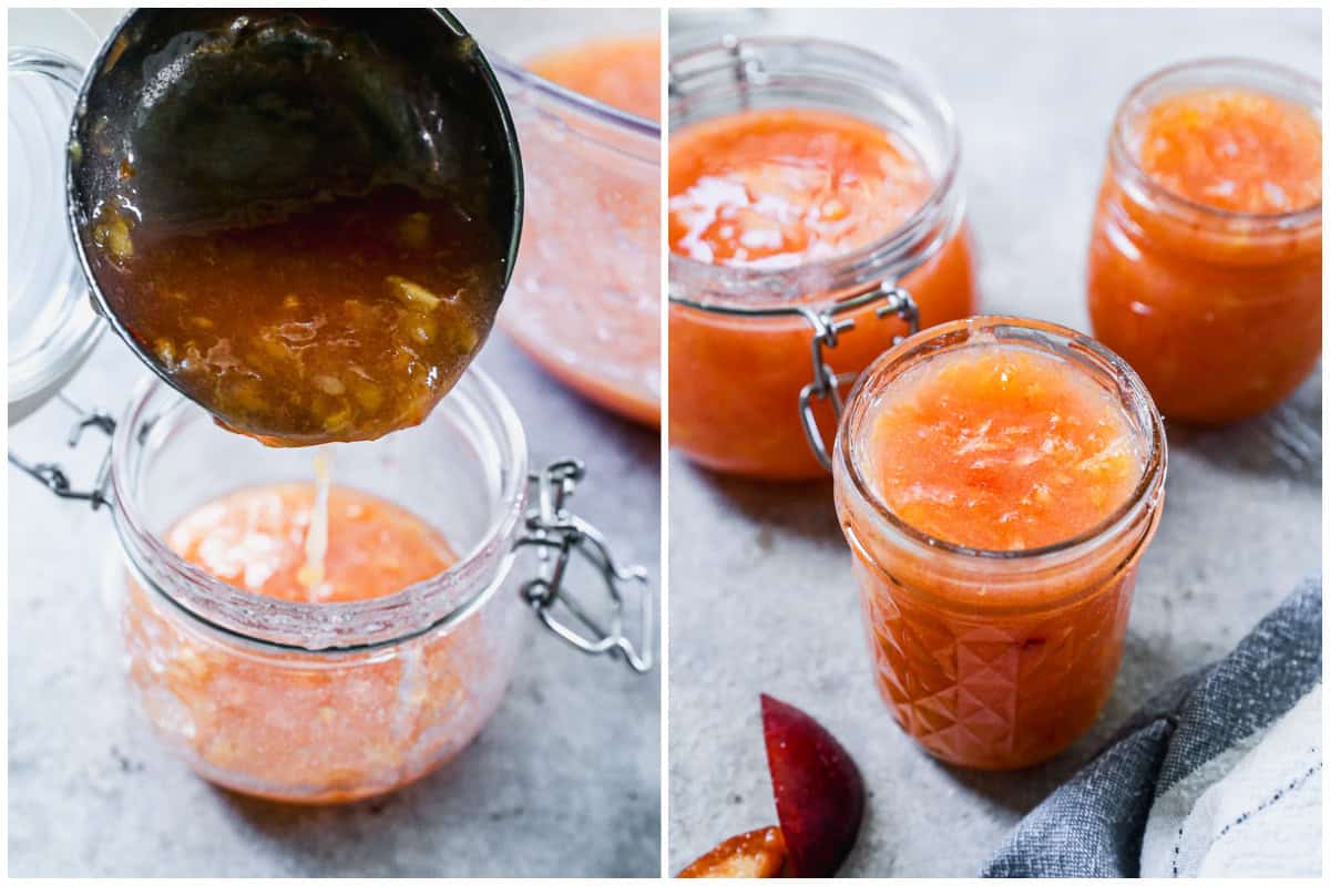 Two images showing peach preserves being poured into jars then after they are filled.
