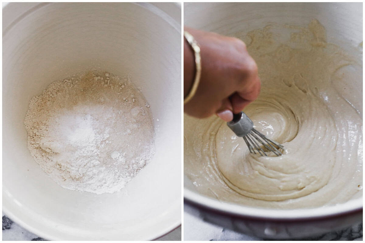 Two process photos for making pancake batter for sheet pan pancakes.