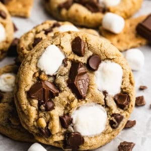 Easy S'mores Cookies with mini marshmallows and chocolate pieces ready to eat.