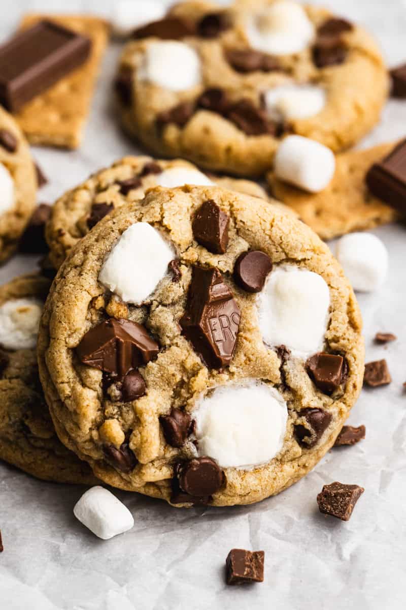 Easy S'mores Cookies with mini marshmallows and chocolate pieces ready to eat.