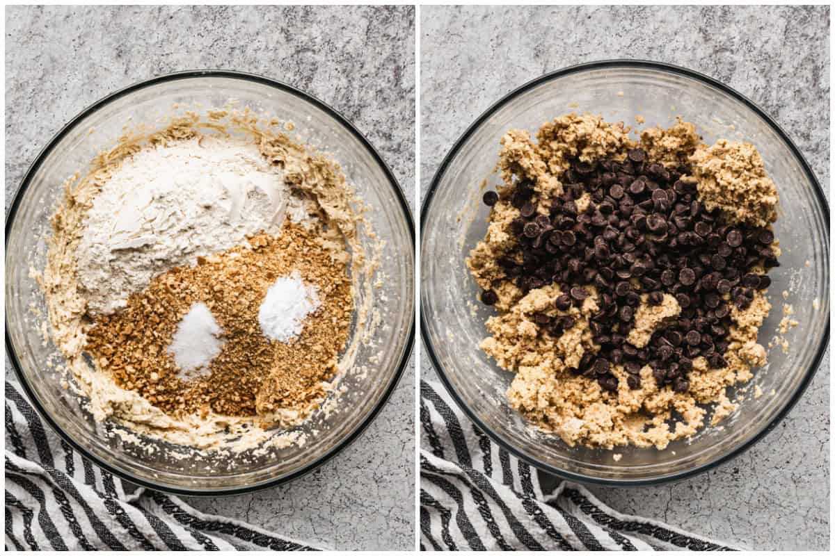 Two images showing how to make s'mores cookies by making the graham cracker cookie dough and adding chocolate chips. 