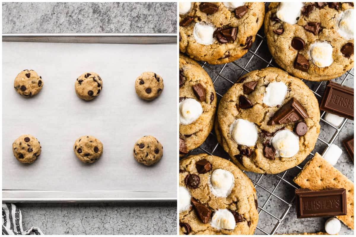 Two images showing the best S'mores cookies before and after they are baked.