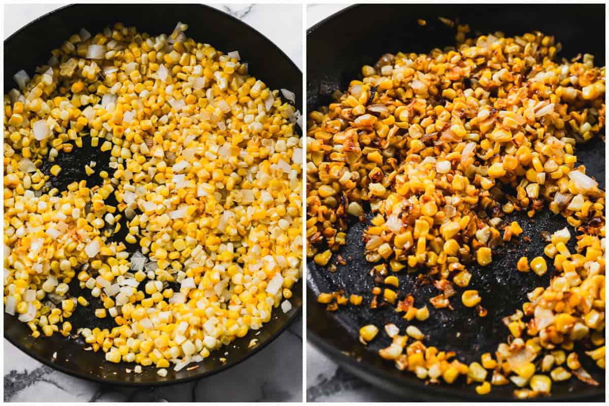 Two images showing how to sauté fresh corn to roast it.