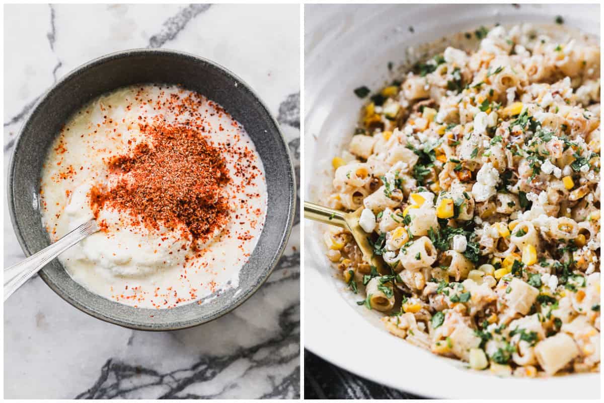 Two images showing a lime crema sauce then after it's added to a street corn pasta salad and tossed with the corn, pasta, and cotija cheese. 