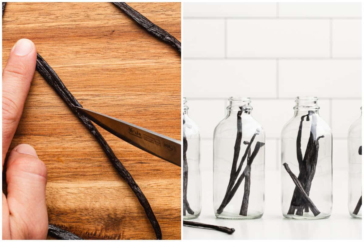 Two images showing how to make vanilla extract by slicing vanilla beans in half then placing in a glass bottle.