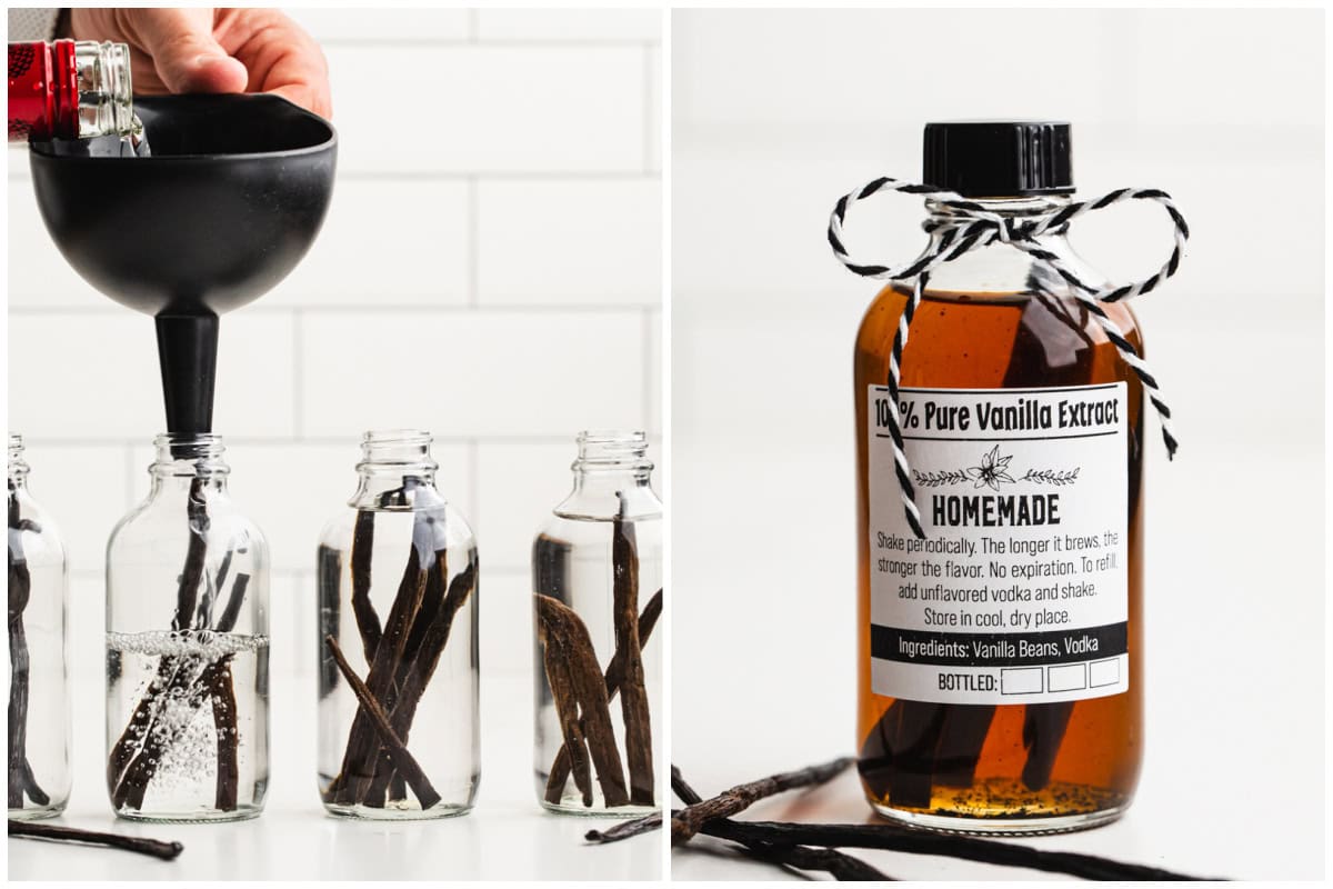 Two images showing vodka being poured in bottles with vanilla beans, then after the pure vanilla extract is shaken and brewed.
