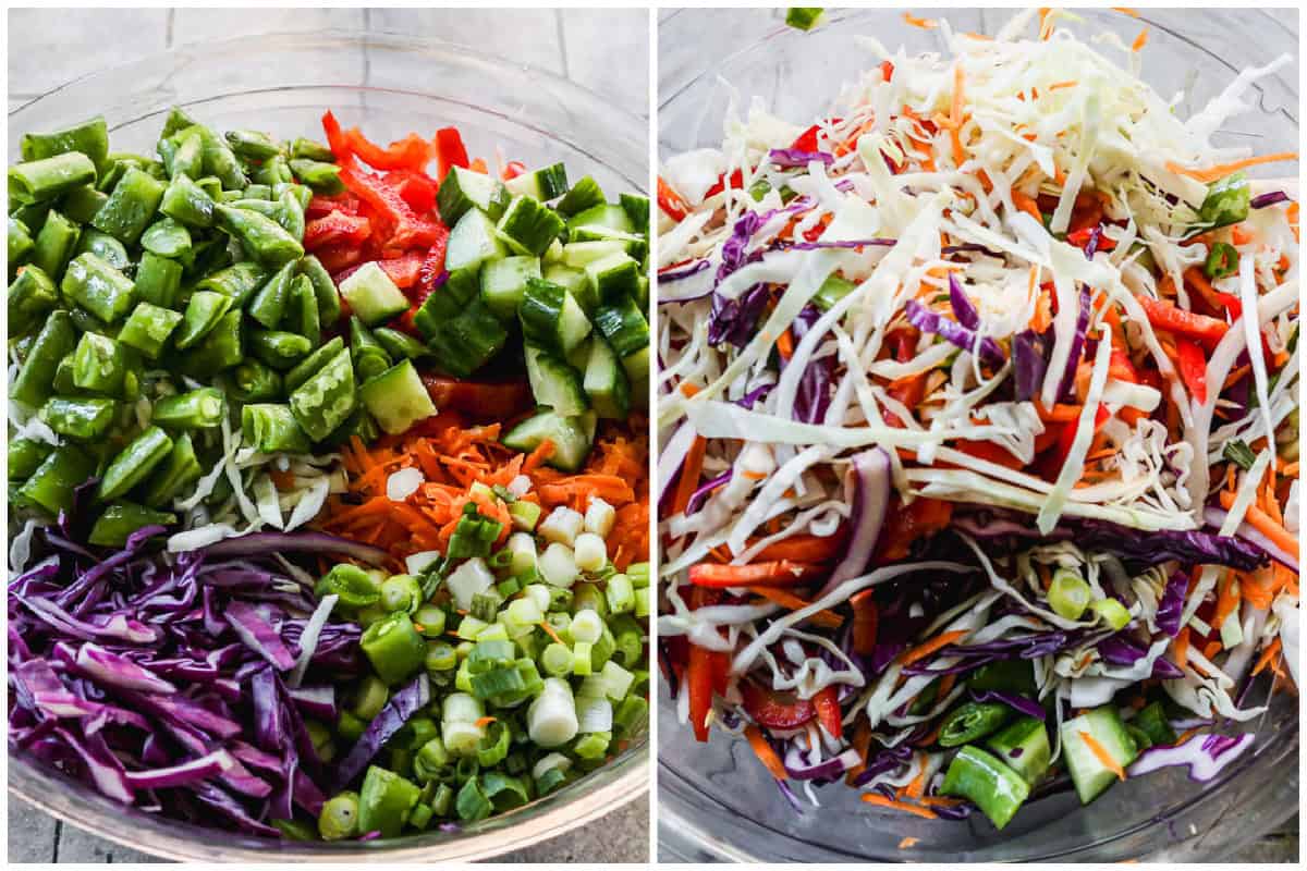 Two images showing chopped veggies for coleslaw before and after it's tossed in a glass bowl.