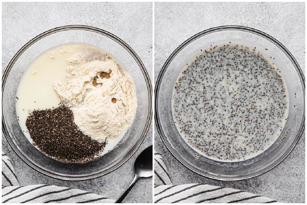 Two images showing how to make chia pudding by dumping all of the ingredients in a glass bowl, then after it's stirred.