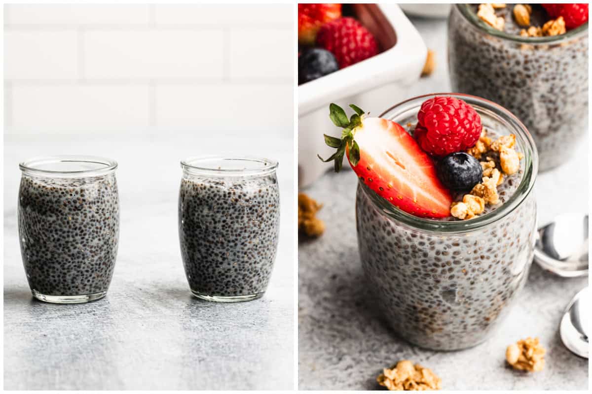 Two images showing the best Chia Pudding in two glass jars, then after granola and berries are added on top. 