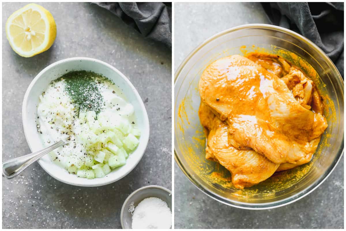 Two images of all of the ingredients being combined for a homemade tzatziki sauce, then chicken being marinated in a bowl for a chicken gyro recipe.