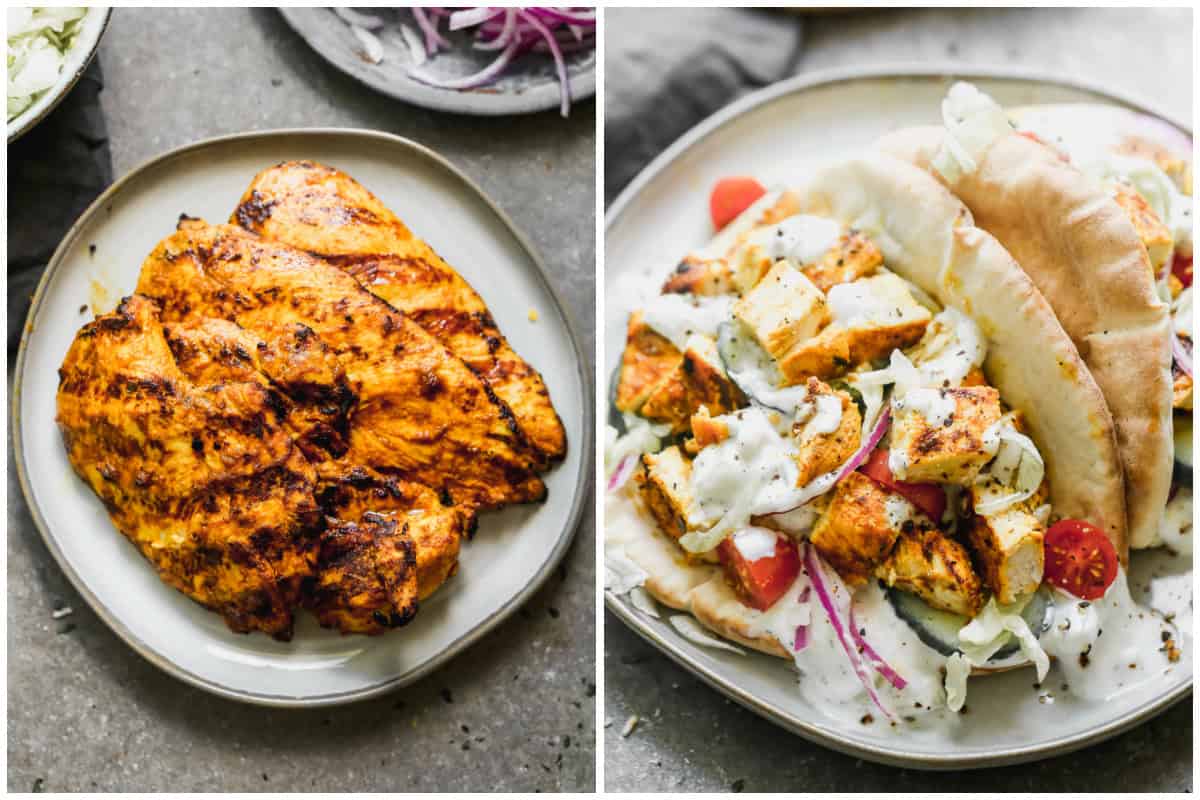 Grilled Chicken on a plate, then after it's cut into pieces and served on a plate for homemade chicken gyros.