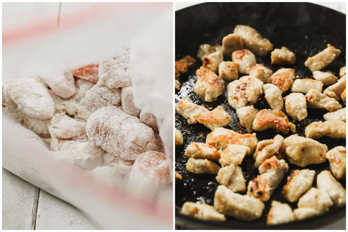 Two images showing pieces of raw chicken tossed in a flour mixture, then after it's browned in a pan.