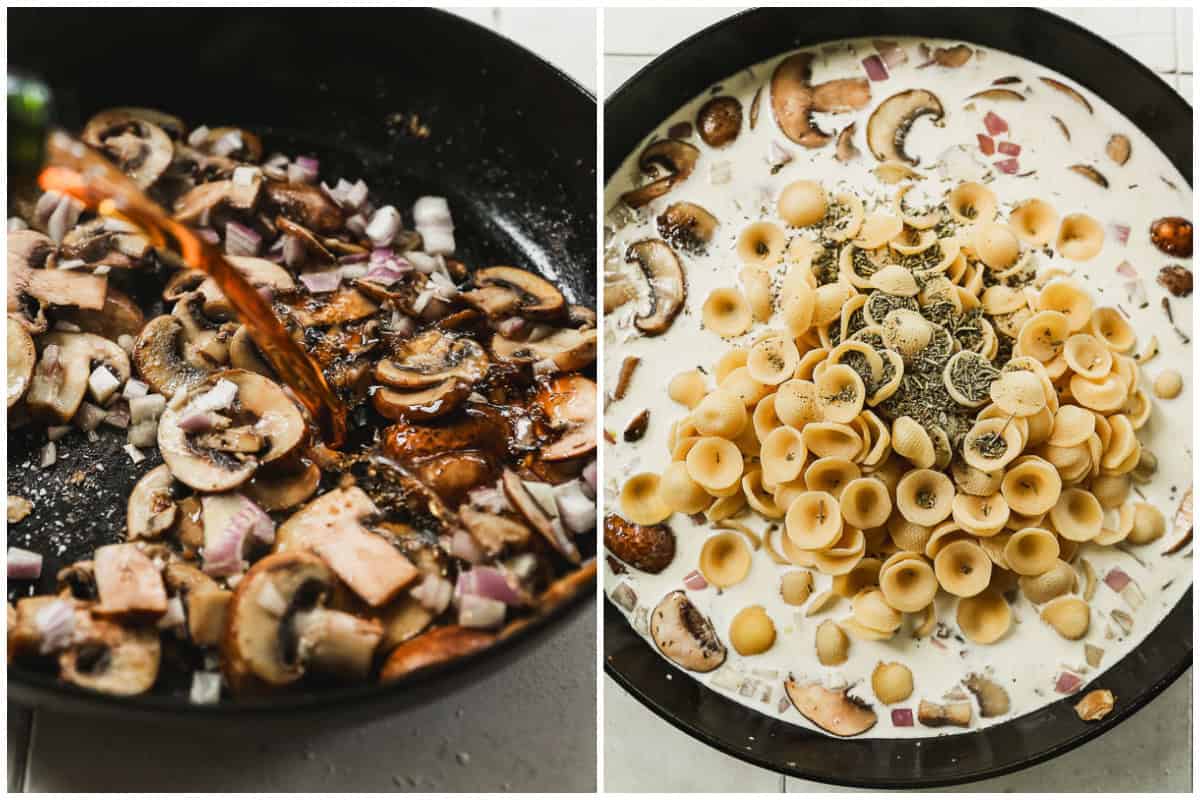 Two images showing how to make chicken marsala pasta by sautéing mushroom and shallot then after cream, spices, and dried pasta are added.