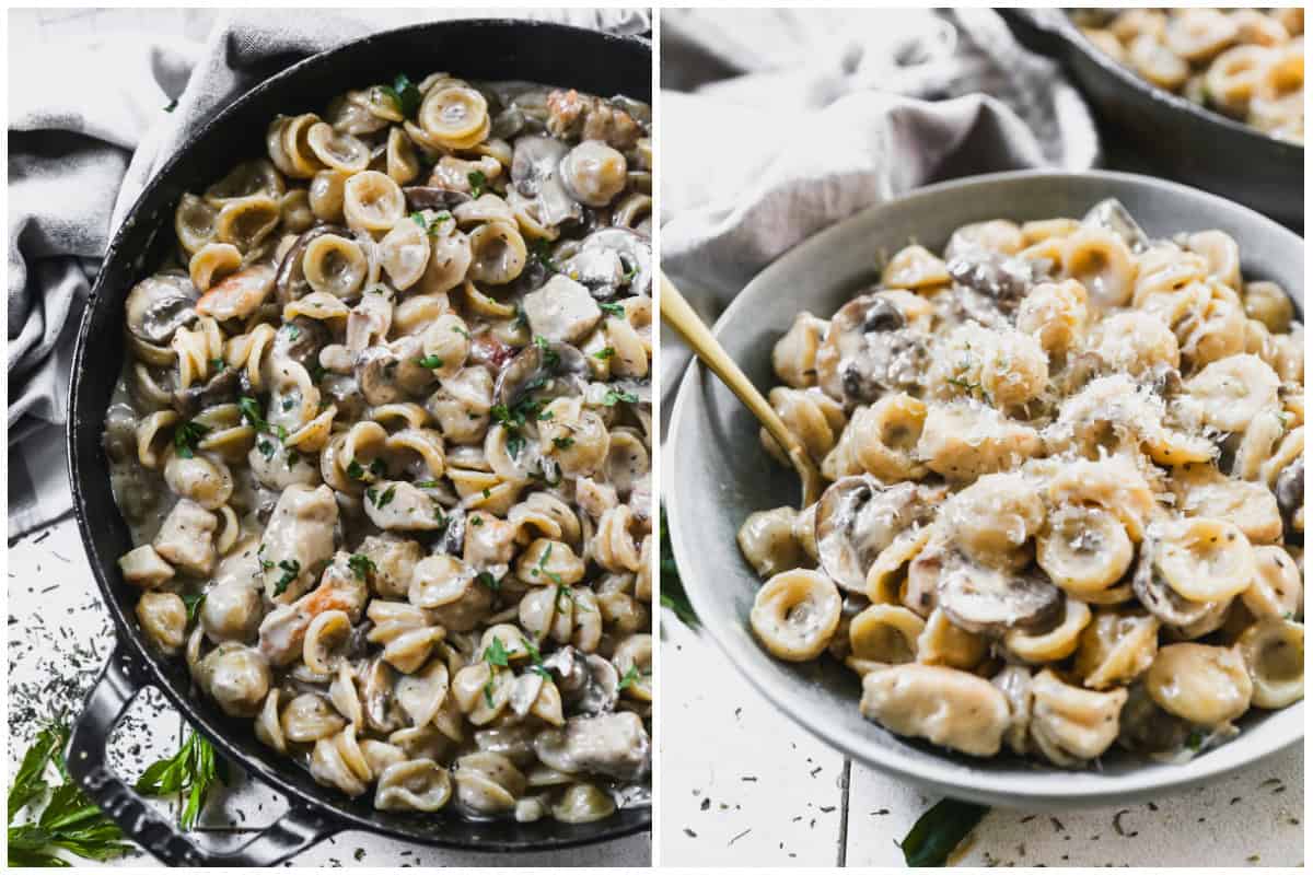 Two images showing Chicken mushroom marsala pasta in a pan then in a serving in a bowl with a fork, topped with parmesan cheese. 