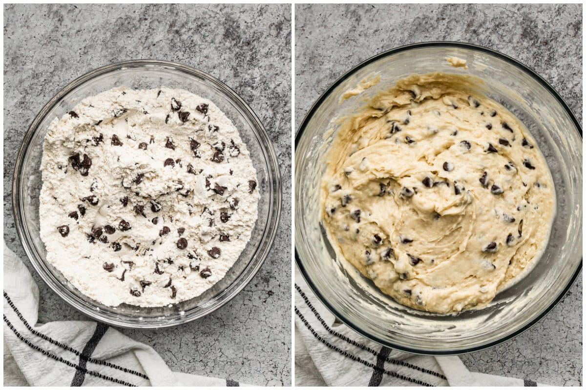 Two images of all of the dry ingredients and chocolate chips needed for the best chocolate chip muffins, then after the muffin batter is finished. 