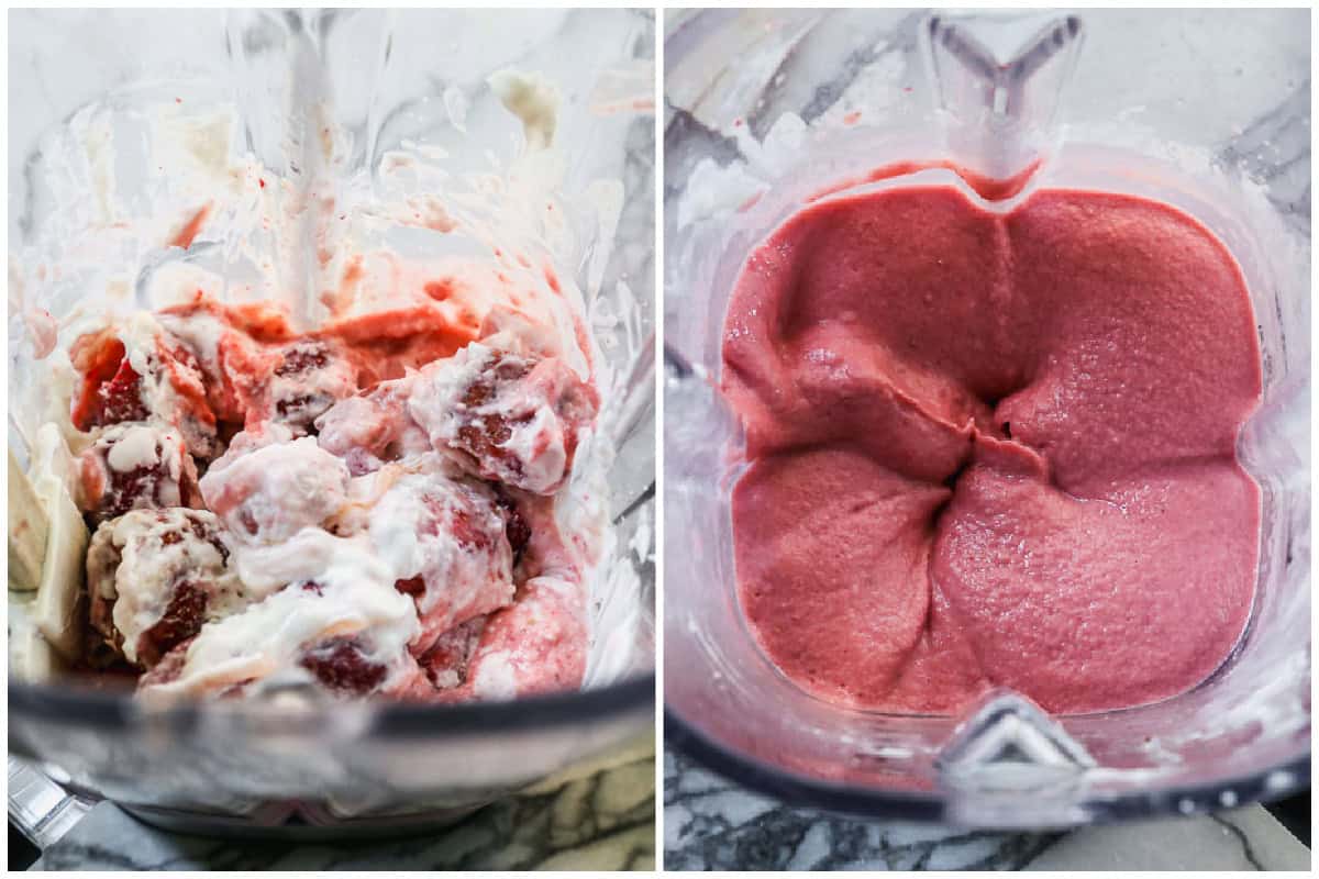 Two images showing how to make frozen yogurt by blending frozen fruit, plain Greek yogurt, honey, sugar, and vanilla extract. 