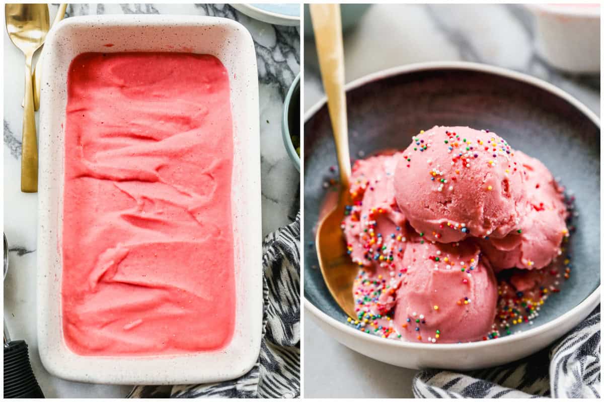 Two images showing a strawberry mixture spread in a loaf pan and frozen, then after the homemade frozen yogurt is scooped and served in a bowl, topped with sprinkles. 