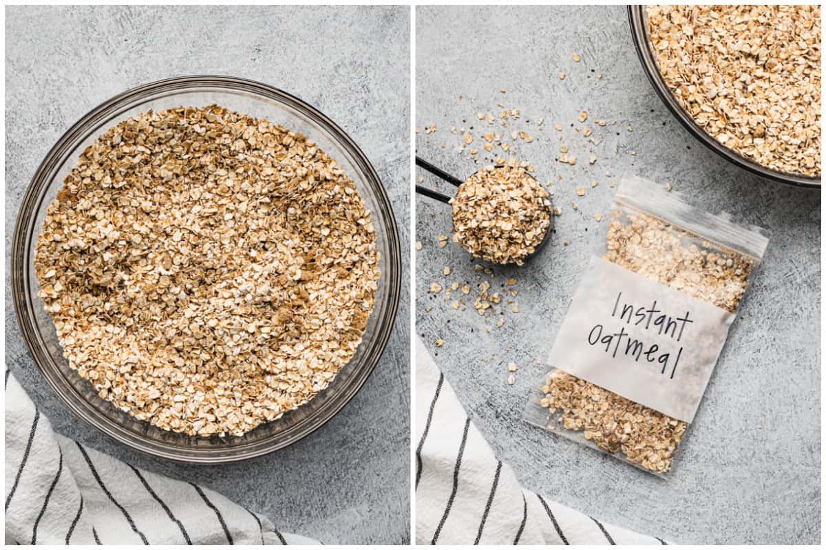 Two images showing how to make oatmeal packets by combining all the dry ingredients, then scooping it in small baggies. 