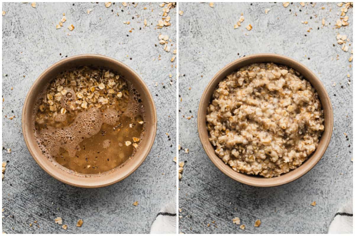 Two images showing homemade instant oatmeal in a bowl before and after it's cooked. 