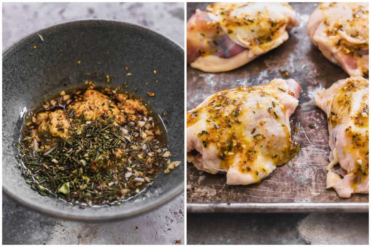 Two images showing a honey mustard chicken marinade in a bowl, then after it's spread over chicken thighs. 