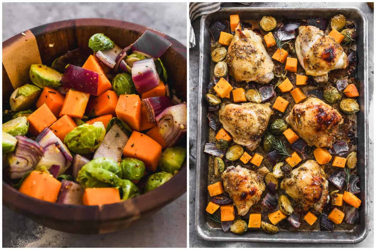 Two images showing how to make honey mustard chicken baked on a sheet pan with chopped red onion, brussels sprouts, and butternut squash. 