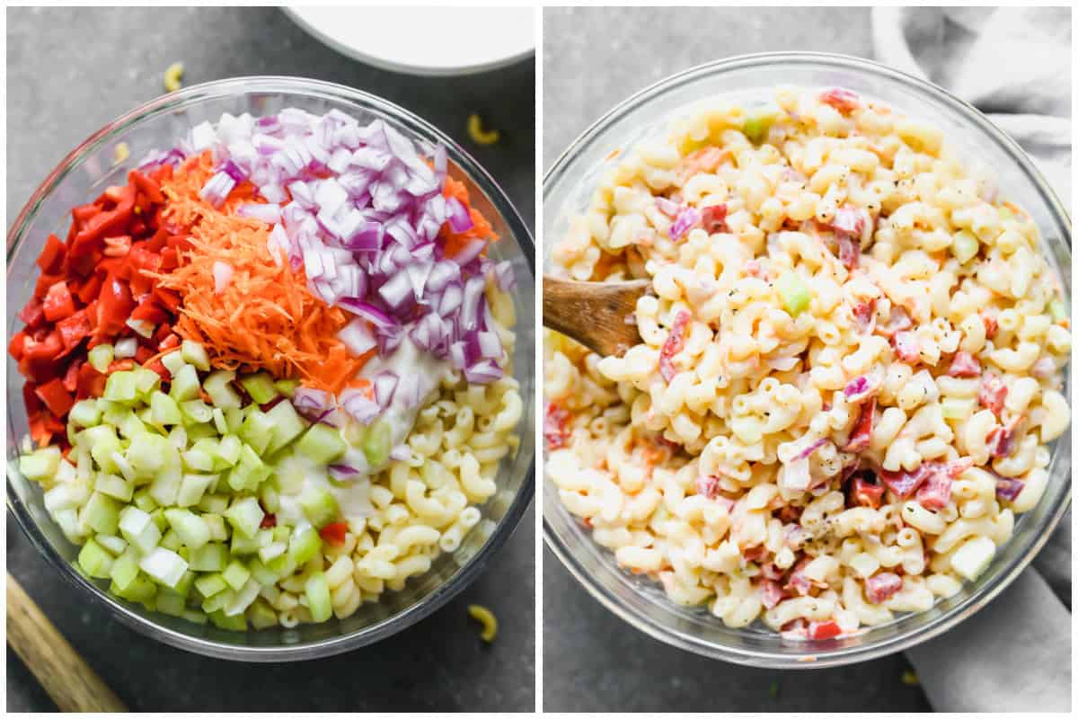 Two process photos for making macaroni pasta salad.