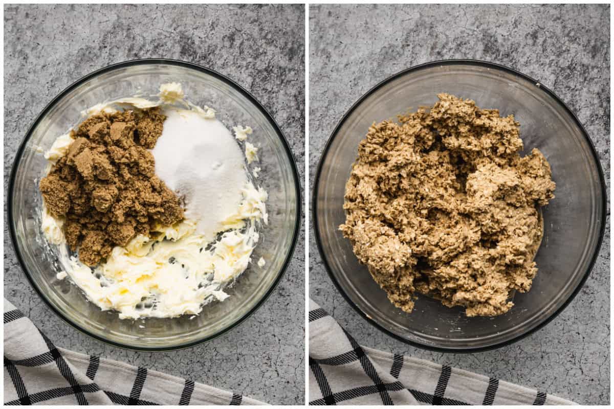 Two images showing an oatmeal cream pie cookie dough being made with sugar added to butter, then the finished cookie dough. 