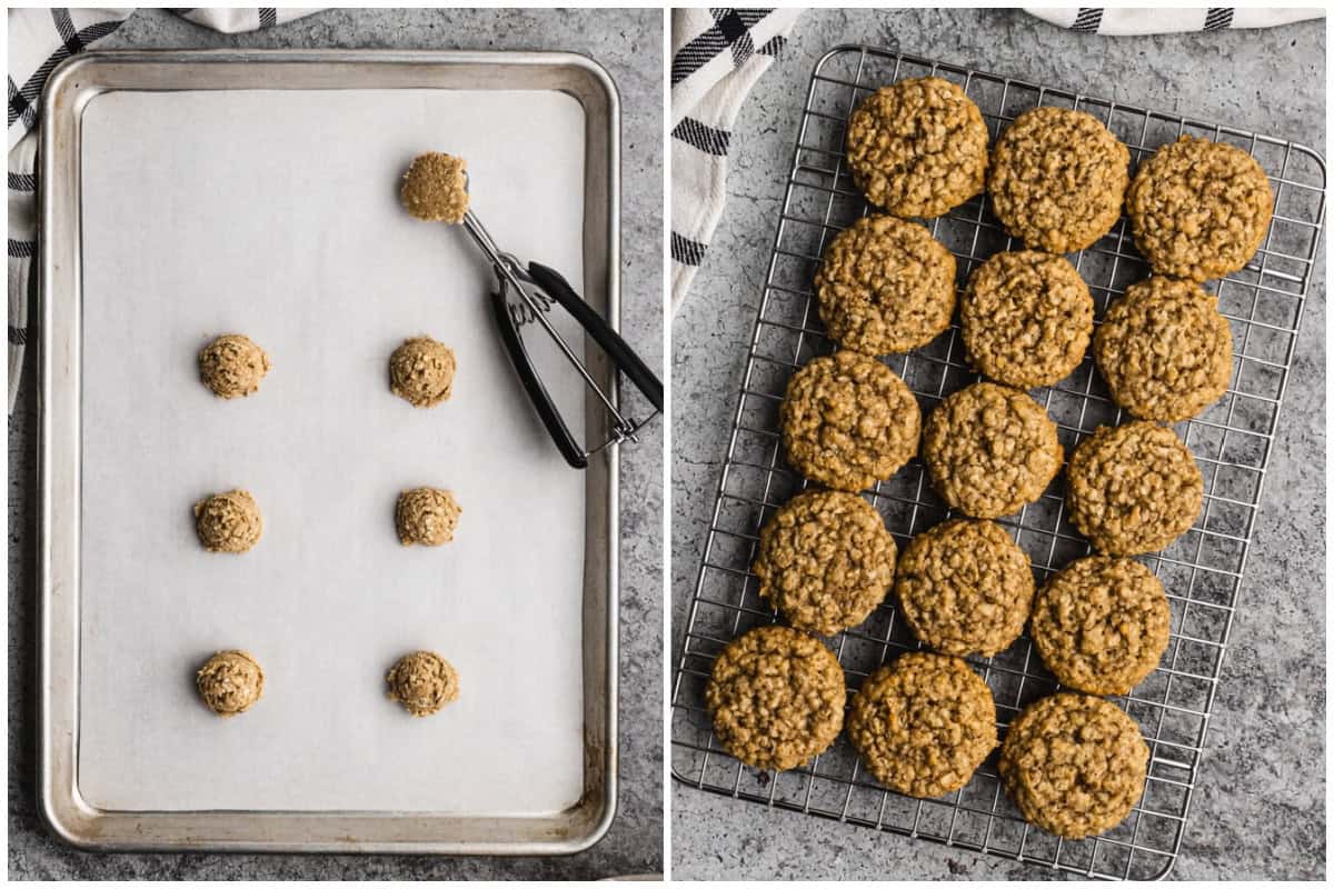 Two images showing oatmeal cookies before and after they are baked. 