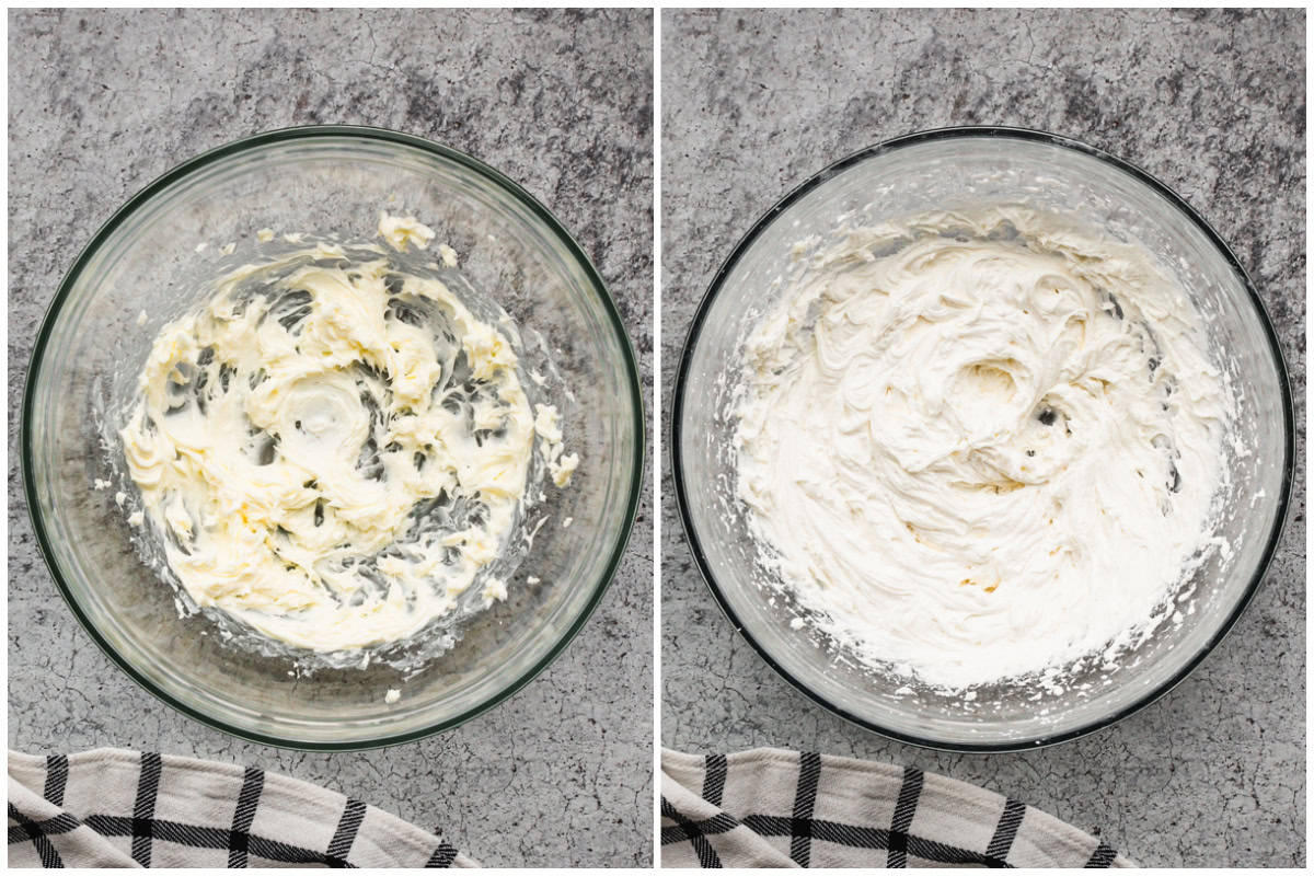 Two images showing an easy oatmeal cream pie filling mixed and creamy.