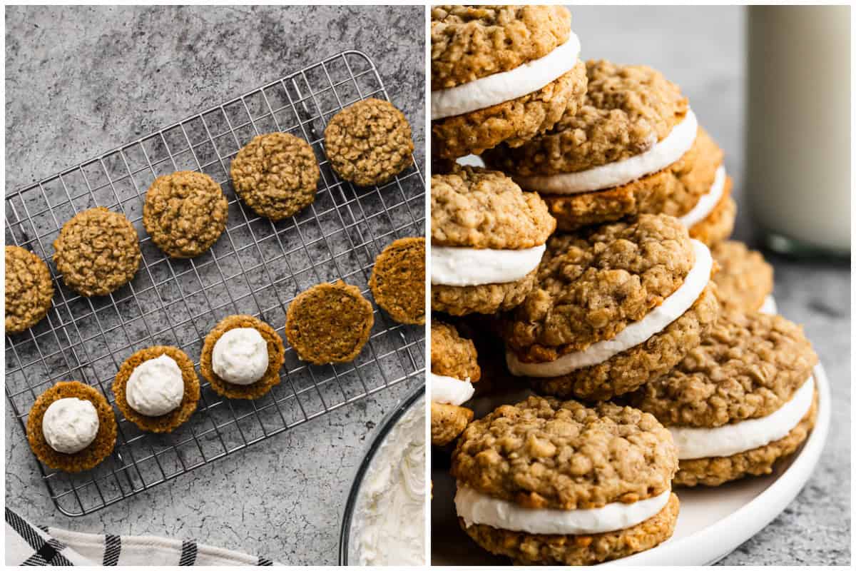 Two images showing how to make oatmeal cream pies by spooning a dollop of frosting on a cookie, then after they are assembled and on a plate. 