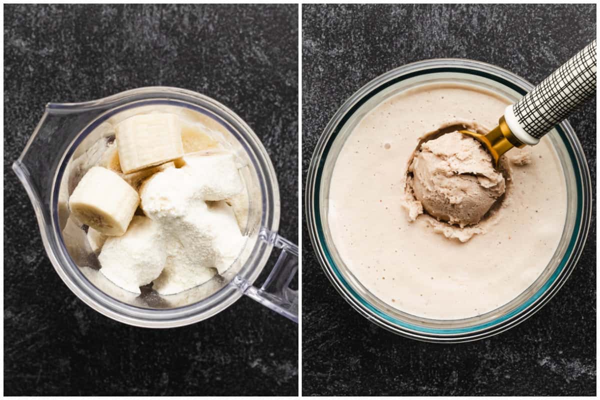Two images showing how to make protein ice cream by blending the ingredients in a blender then freezing in a container for a couple hours before scooping. 