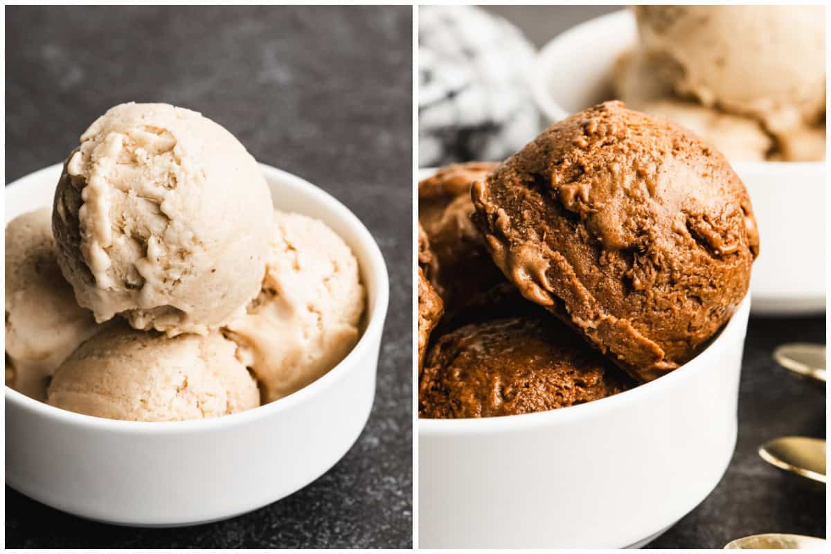 Two images showing homemade chocolate protein ice cream and a bowl of vanilla protein ice cream, ready to enjoy. 