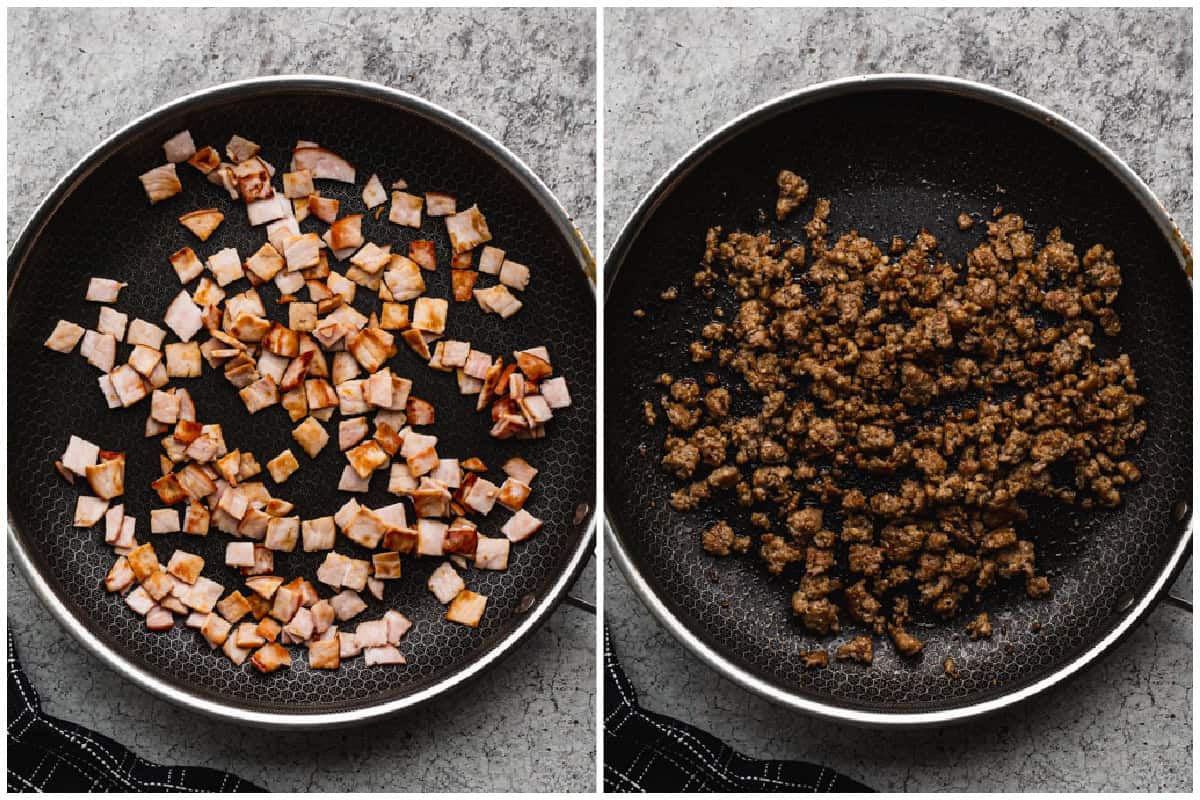 Two images showing chopped Canadian bacon browned and ground sausage cooked. 