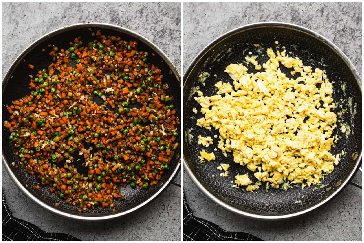 Two images showing sautéed vegetables cooked in a pan, then scrambled eggs in the pan. 