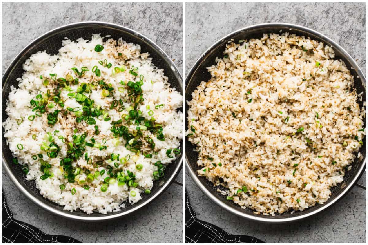 Two images showing healthy breakfast fried rice with green onions and seasoning before and after it's heated.