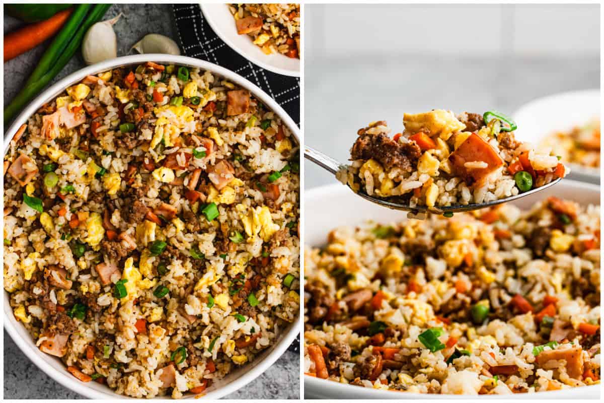 Two images showing how to make breakfast fried rice by combining rice, veggies, Canadian bacon, sausage, and eggs. 