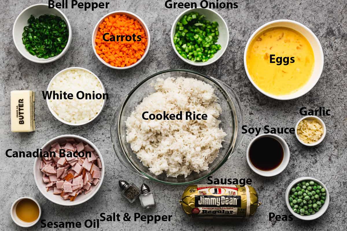 All of the ingredients needed to make sausage breakfast fried rice.