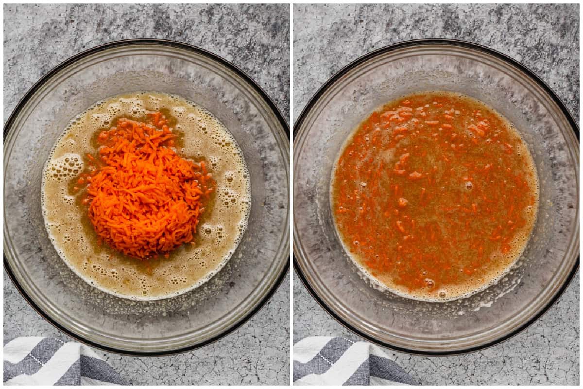 Two images showing the wet ingredients combined and shredded carrots added to make an easy carrot bread recipe. 