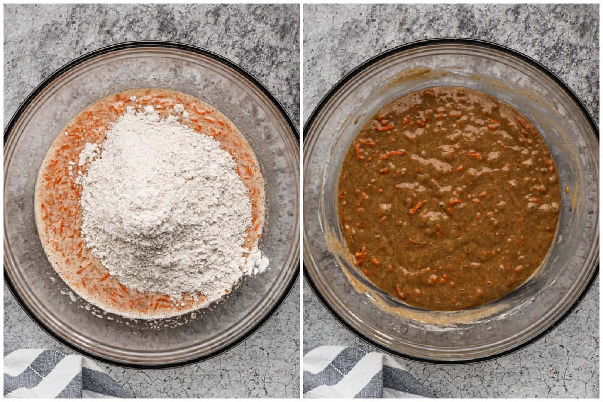 Two images showing how to make a simple carrot cake loaf recipe with dry ingredients added, then combined to make the batter.