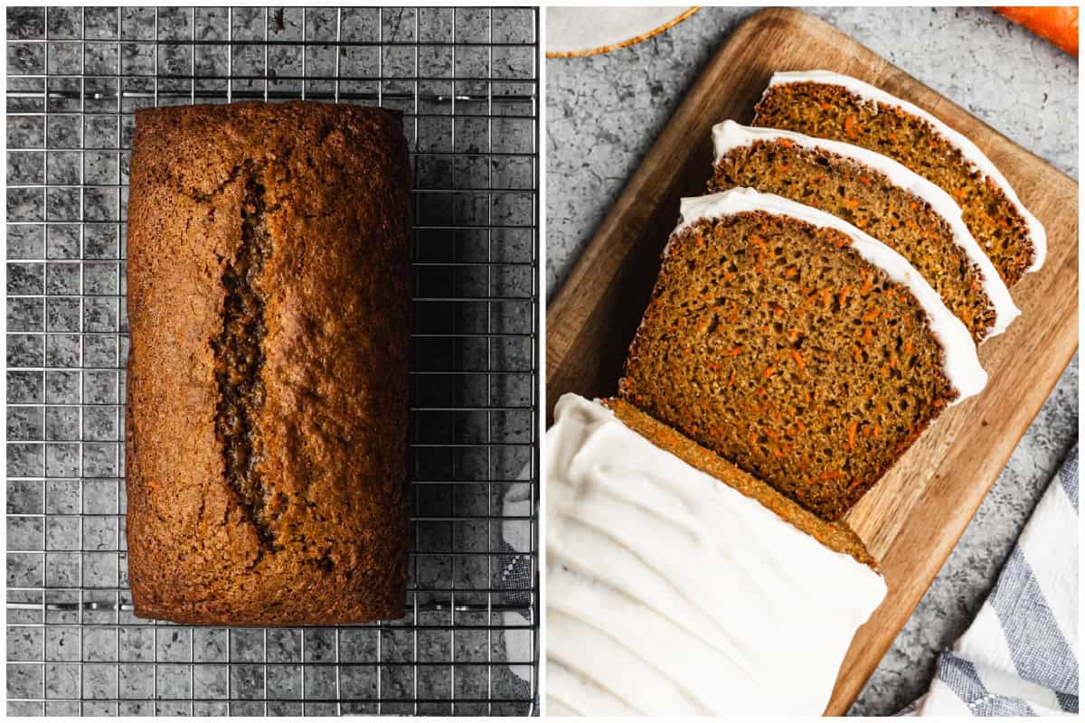 A loaf of Carrot Bread freshly baked, on a wire rack. then after it has cream cheese frosting on top with three slices cut. 