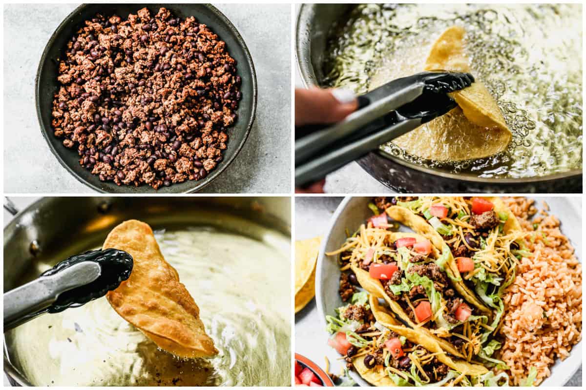 This homemade ground beef taco recipe is easy to make in just 30 minutes! We use homemade taco seasoning for our ground beef and black beans and fry each tortilla to crispy perfection. One bite and you will be hooked!