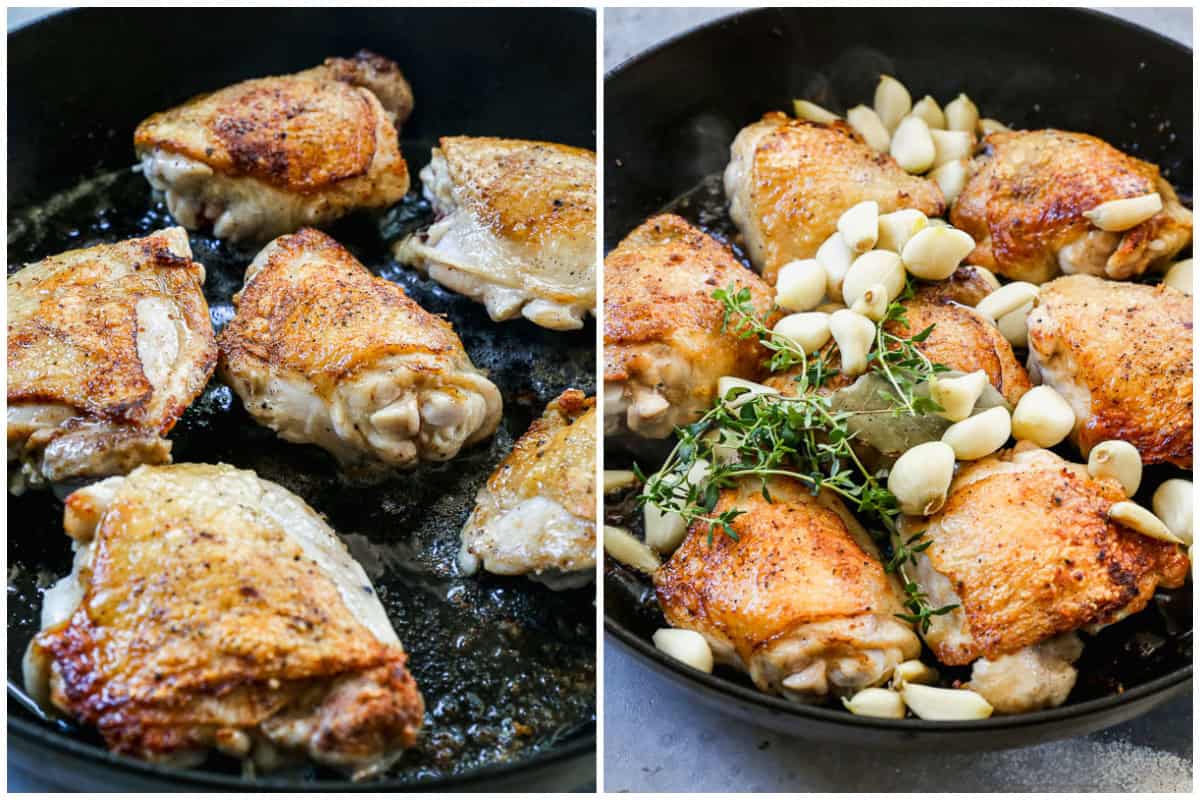 Two images showing how to make garlic chicken by searing chicken thighs then adding the garlic cloves and herbs on top.