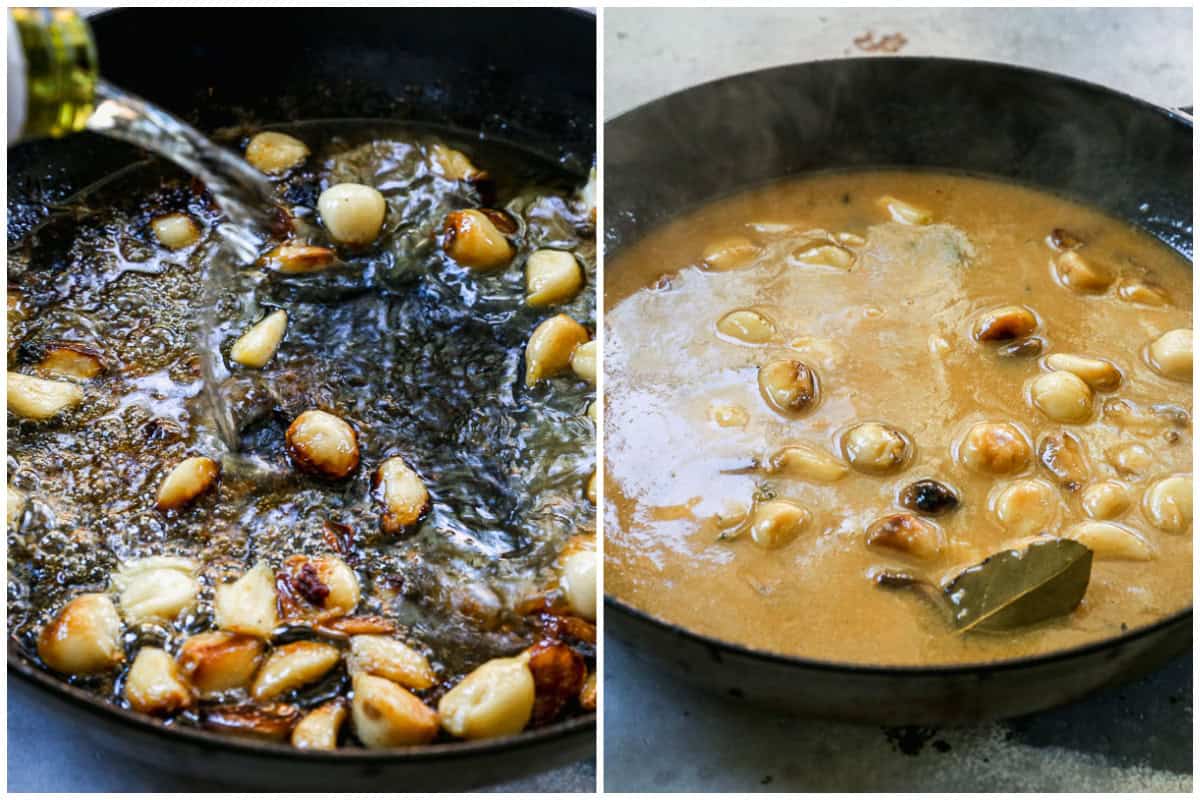 Two images showing how to make a creamy garlic sauce for garlic butter chicken. 