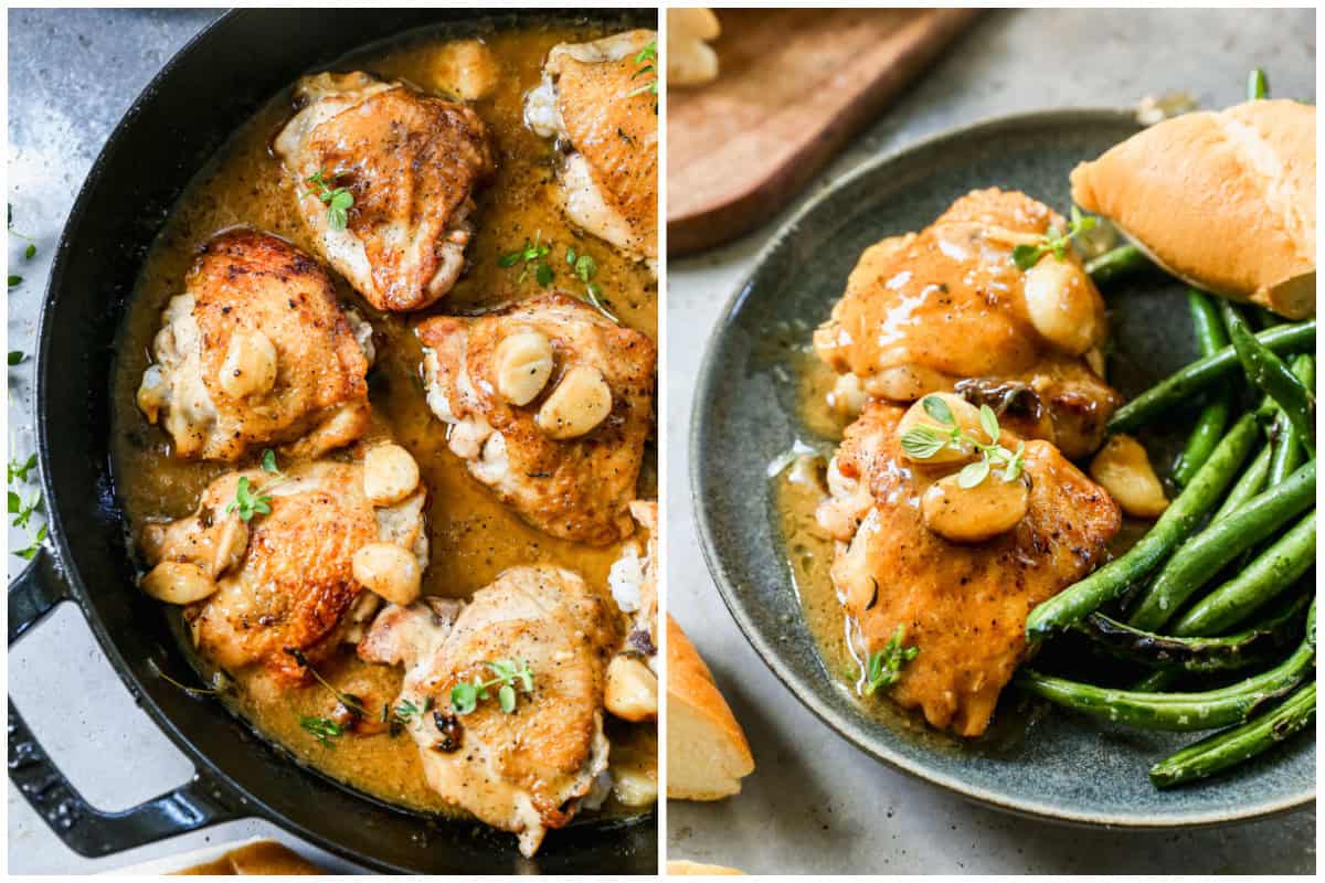 An easy Garlic Chicken recipe in a cast iron pan, then served on a plate with French green beans and a baguette. 