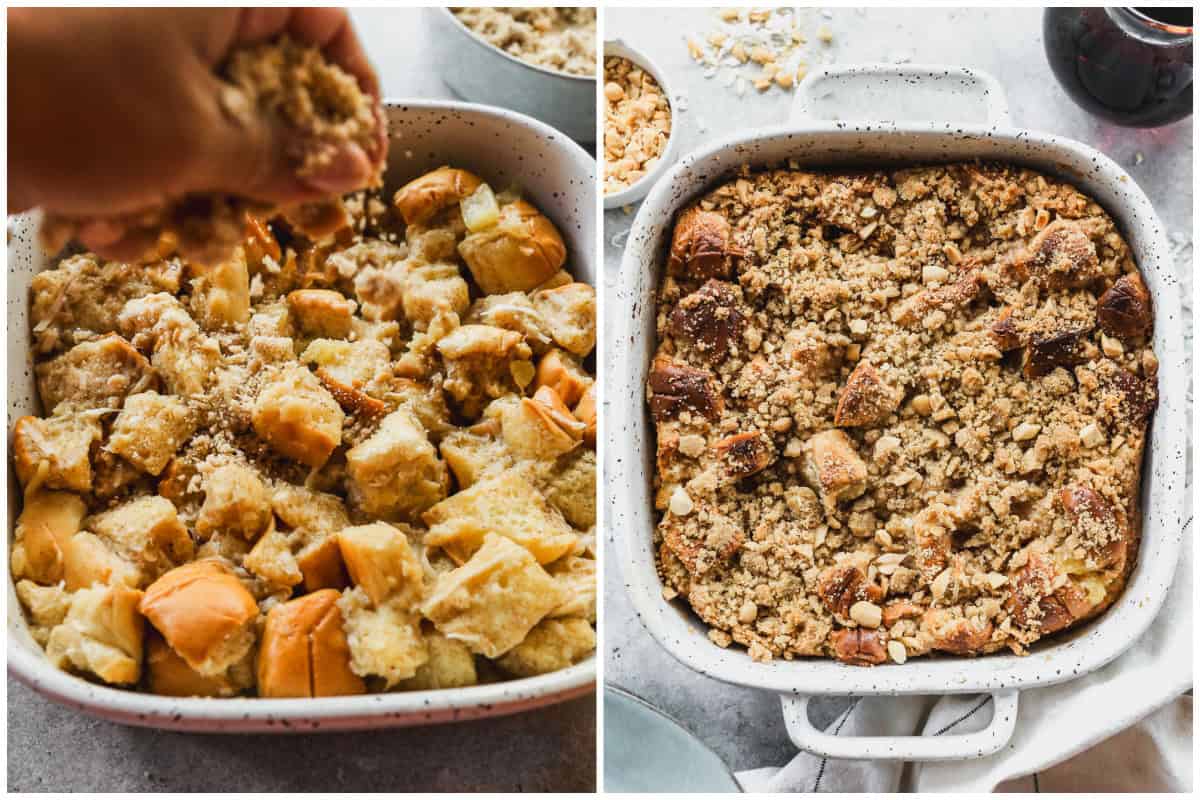 Two images showing a homemade streusel topping being sprinkled on top of a homemade Hawaiian French Toast Casserole, then after it is out of the oven and ready to serve.