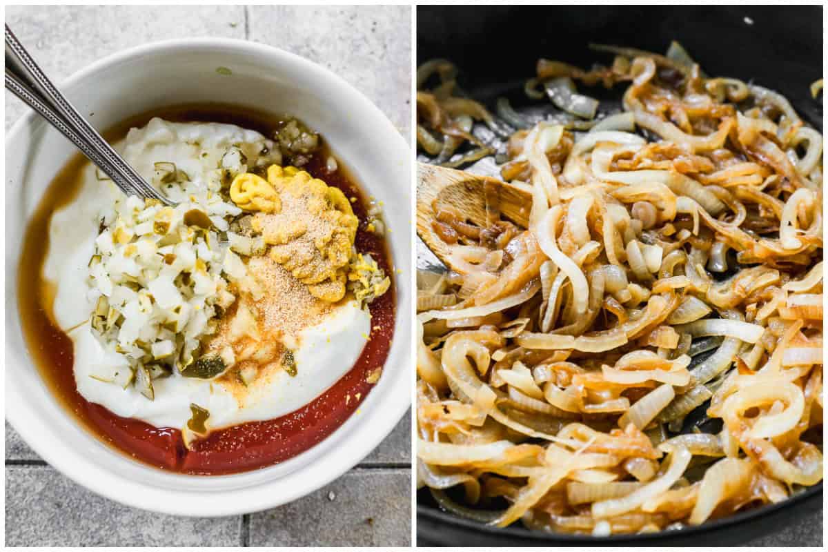 Two images showing a patty melt sauce ingredients in a bowl then a cast iron pan filled with caramelized onions. 