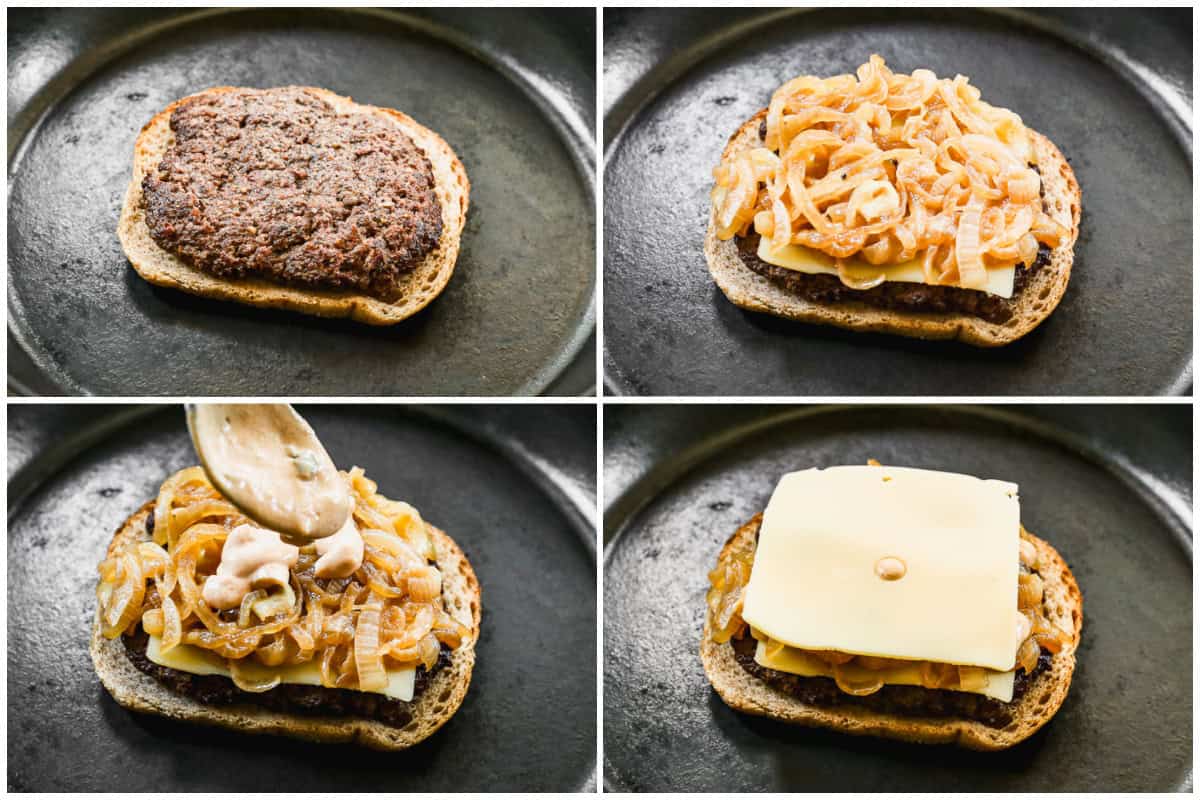 Four images showing how to make a patty melt by placing a burger patty on a slice of sourdough, adding cheese and caramelized onions, spreading on some sauce, and topping with another slice of cheese. 