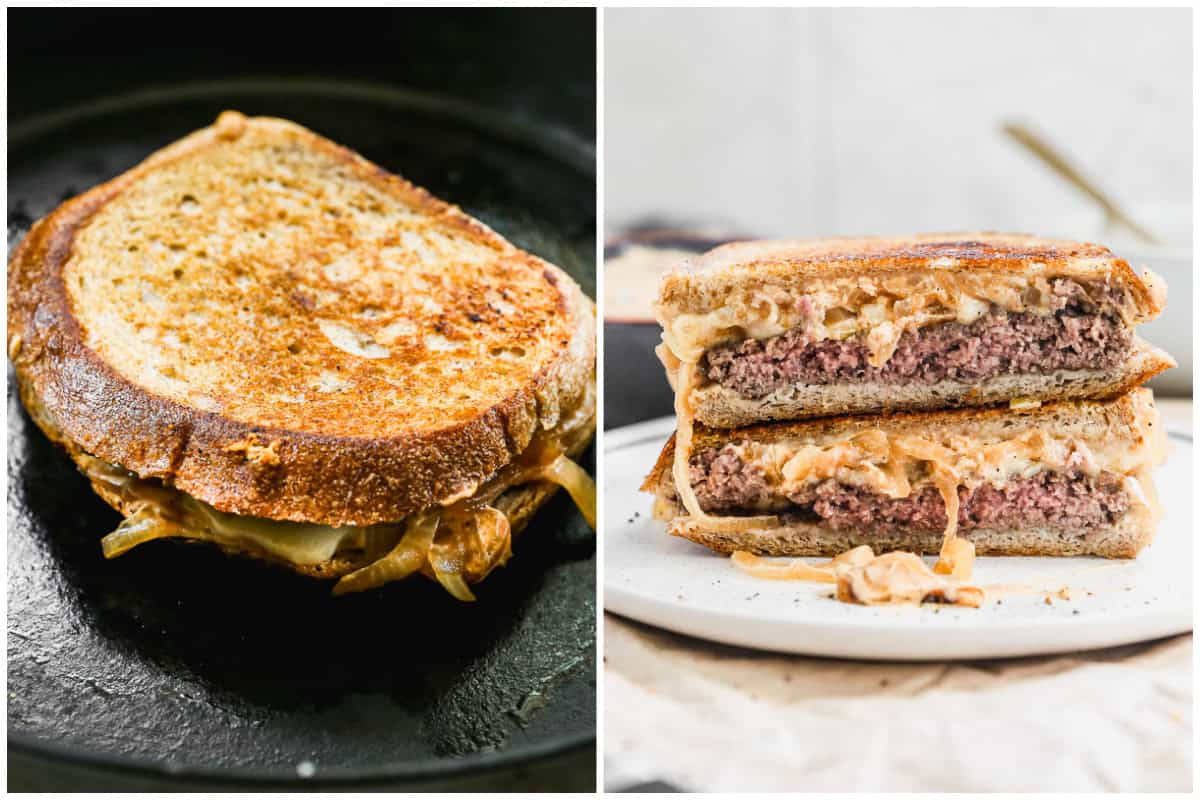 Two images showing a patty melt, cooked in a cast iron pan until golden, then after the sandwich is cut and placed on a plate.