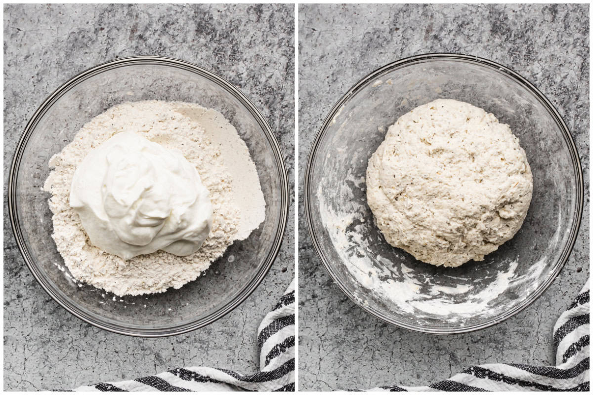 Two images showing how to make high protein pizza dough with greek yogurt. 